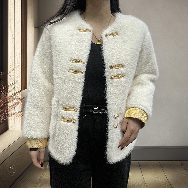 AC【Y201】中国风圆领盘扣拼接韩版外套毛毛衣G-6