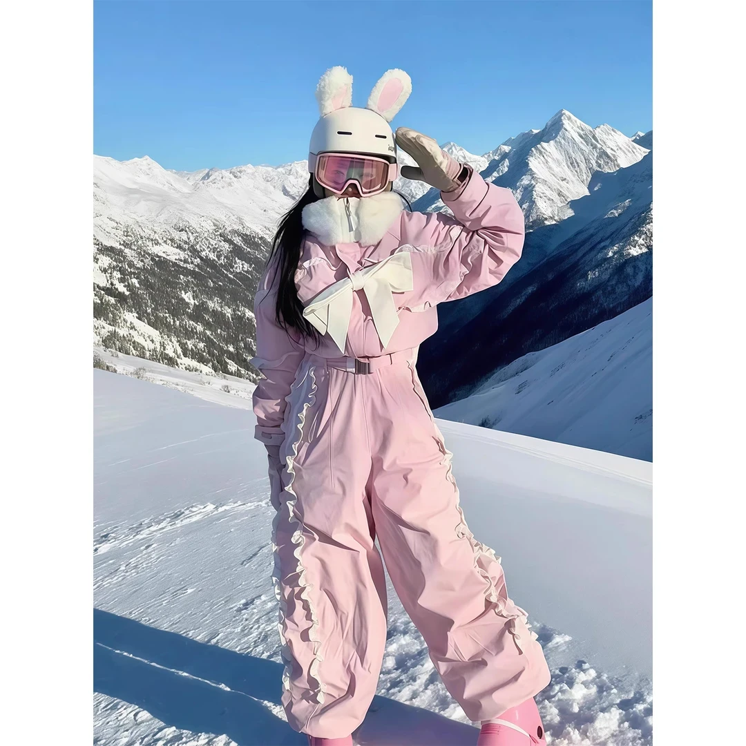 芙沿粉色蝴蝶结滑雪服套装女2025冬季新款超好看加厚保暖防风雪服