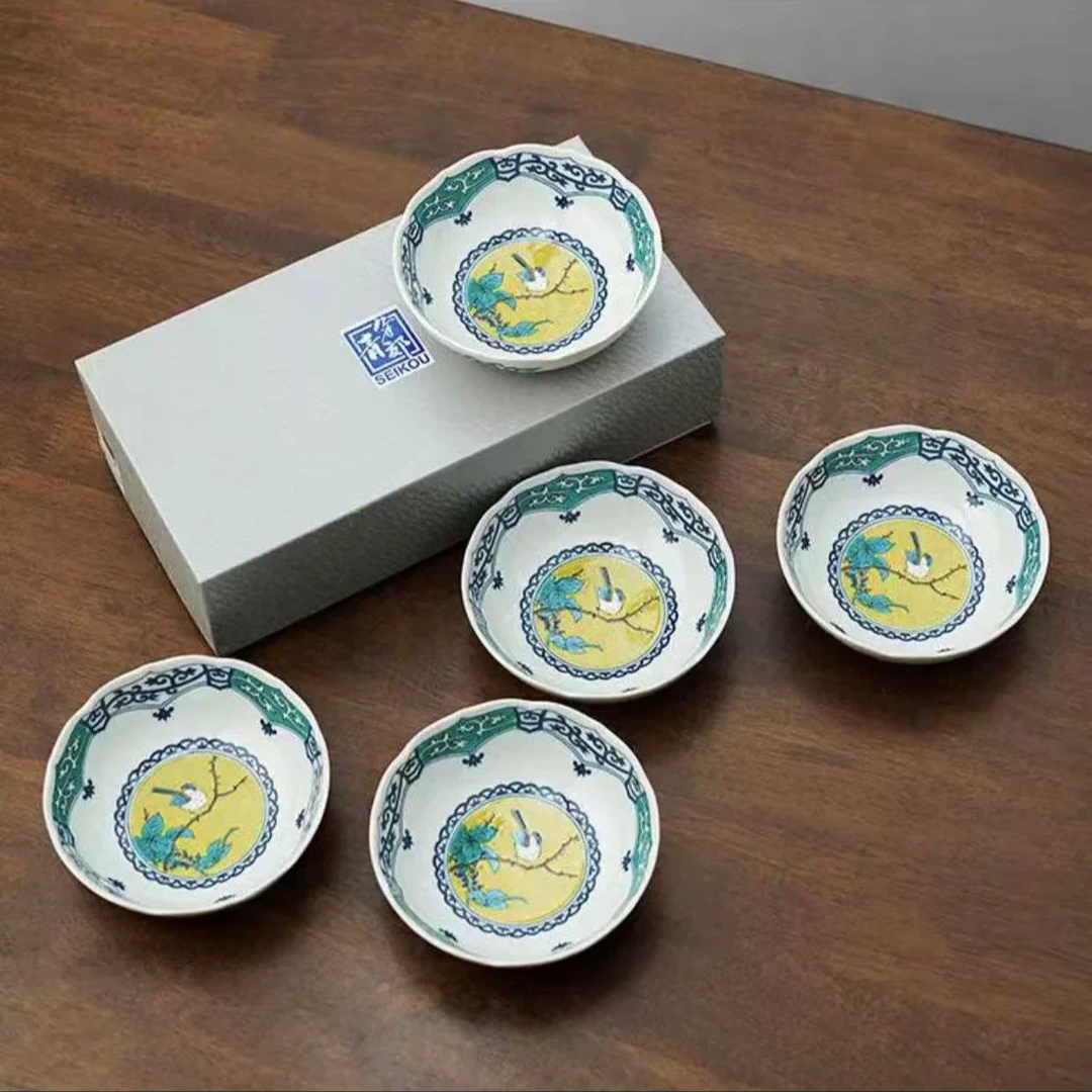 日本陶瓷九谷烧青風窑染付間取吉田屋复古花鸟饭碗面碗釉下彩家用