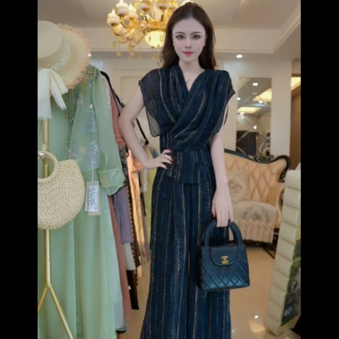 2025夏季新款时髦洋气设计感上衣阔腿裤两件套