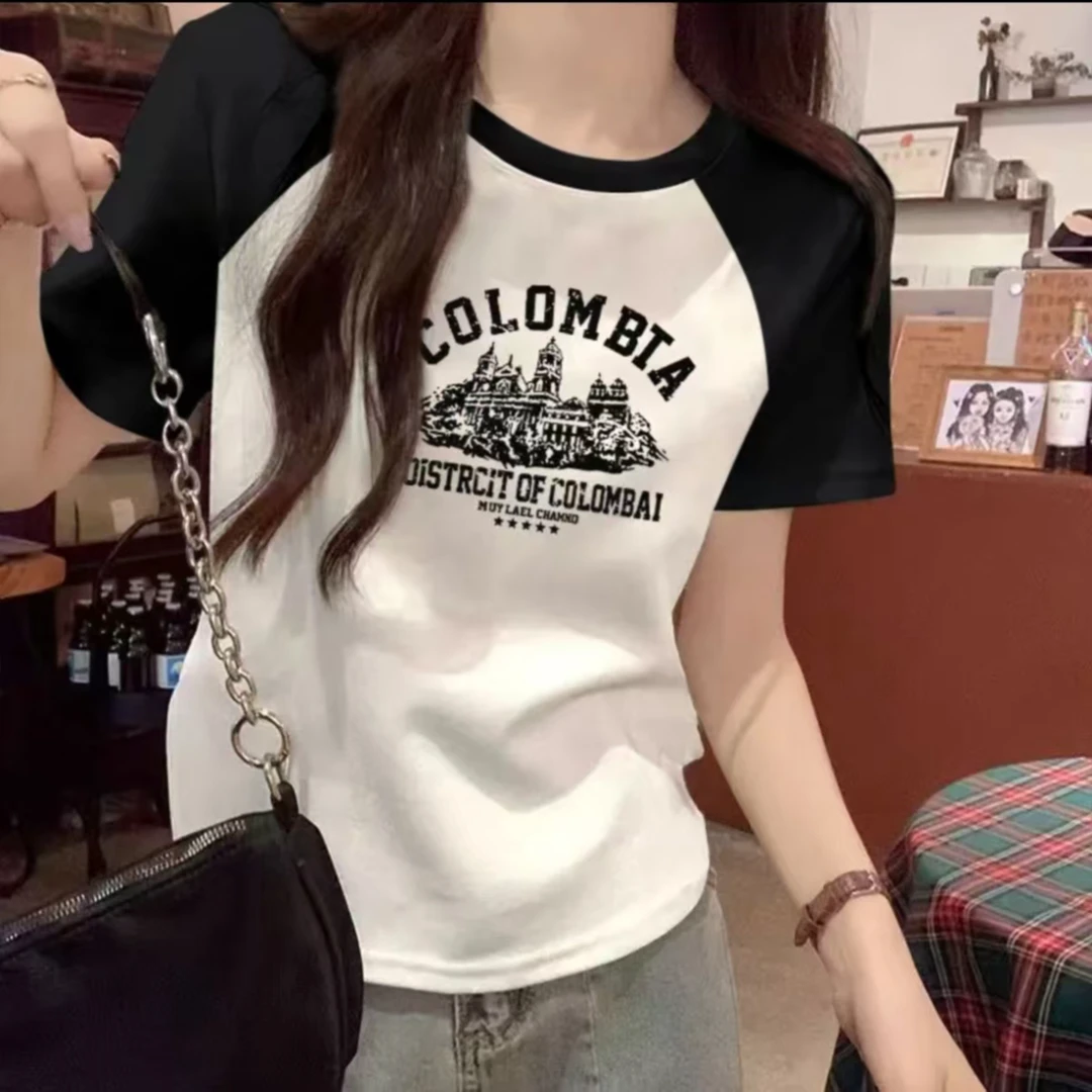 2025夏季新款微胖显瘦插肩短袖T恤宽松圆领百搭女装打底上衣