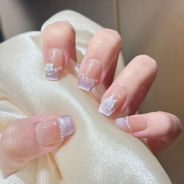 【绯云贝珠】-柔粉系优雅梦幻显白高级法式 纯手工穿戴甲 10片装