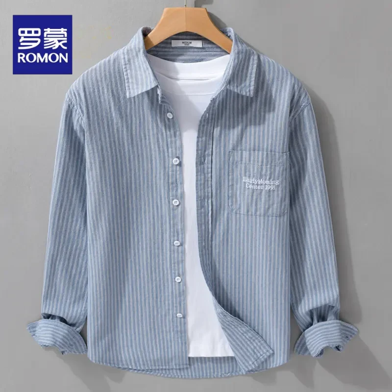 罗蒙日系清新条纹刺绣衬衫男长袖春秋装文艺休闲百搭纯棉上衣男款
