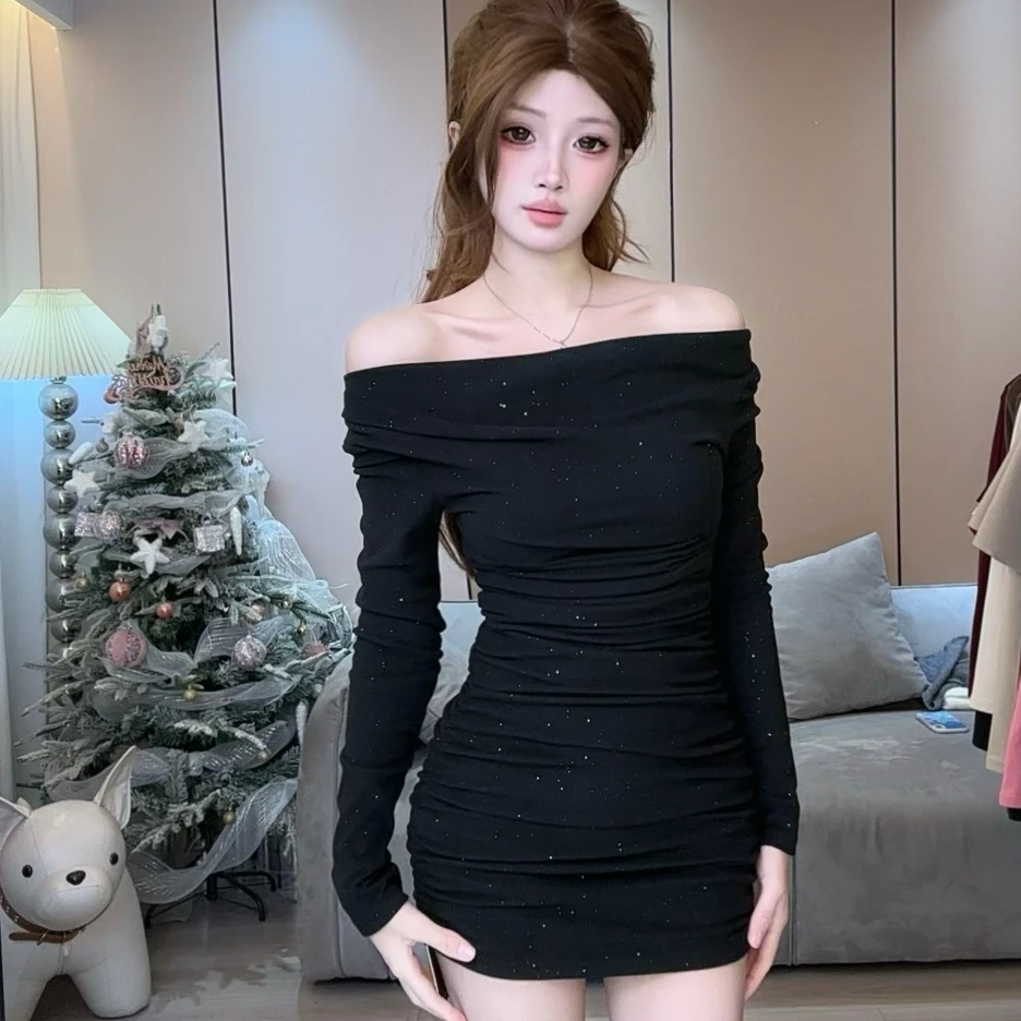 【温温推荐】纯欲风性感亮闪露肩气质皱褶长袖打底连衣裙60064