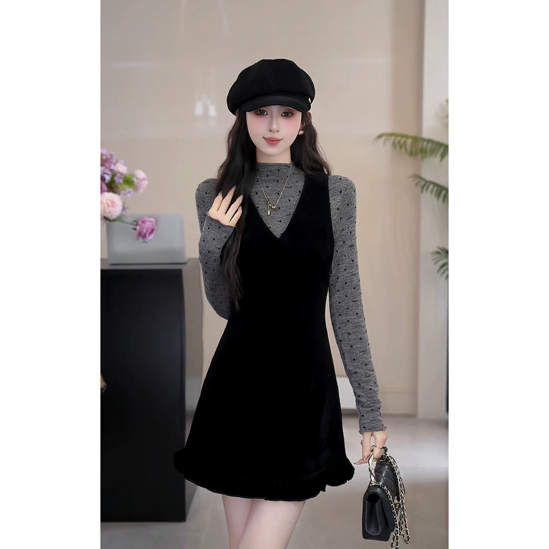 YUANLIANSU/圆脸酥【云眠画记】波点打底衫+丝绒背心连衣裙两件套女