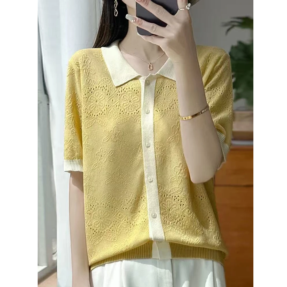 莱赛尔天丝翻领薄款夏季短袖气质时尚百搭镂空宽松v领1194-1