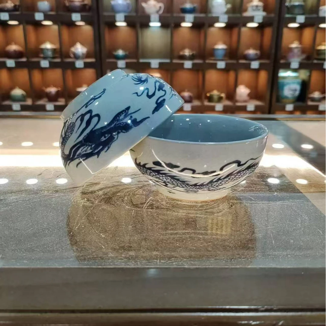 青花双龙戏珠中式手工主人杯一对-1200