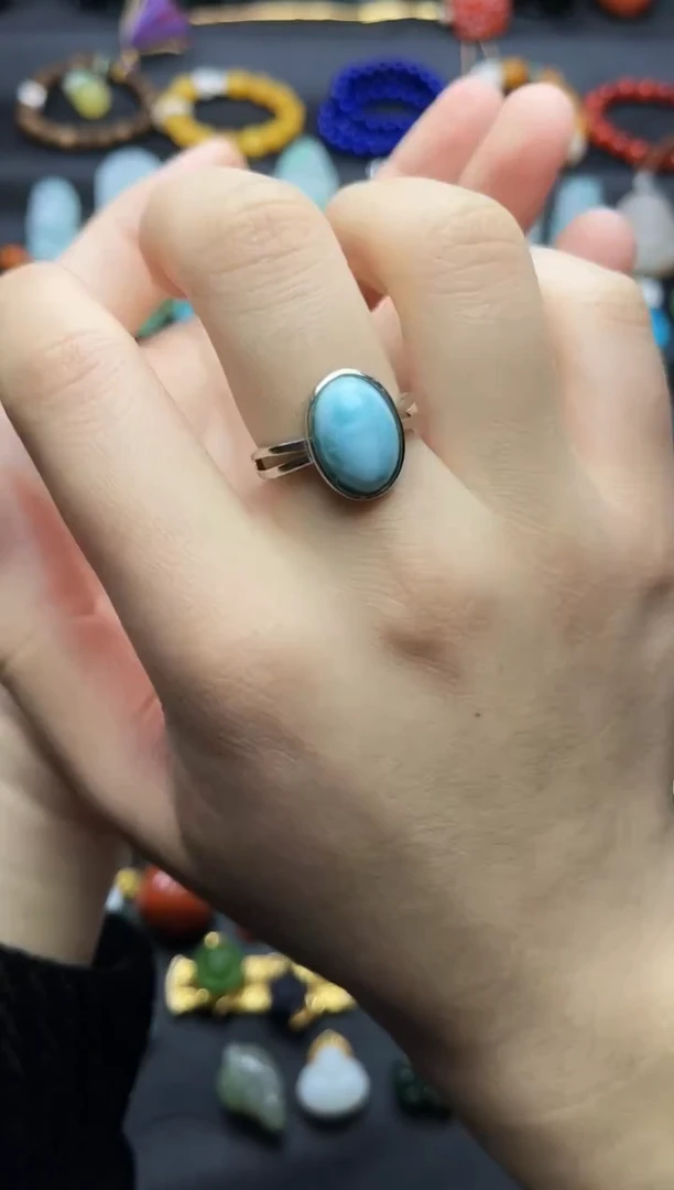 银S925镶嵌针钠钙石（海纹石）戒指蛋面戒指06