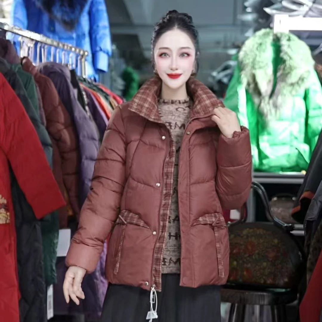 立领配色拼接棉衣女士装冬季加厚短棉服休闲保暖款棉袄外套