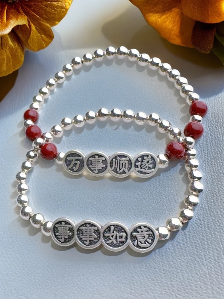 足银手链 足银简约单圈平安喜乐手工手串首饰饰品光珠女款百搭