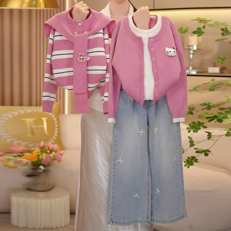 女童披肩条纹毛衣牛仔裤套装2025新款春秋款女童春秋刺绣毛衣开衫