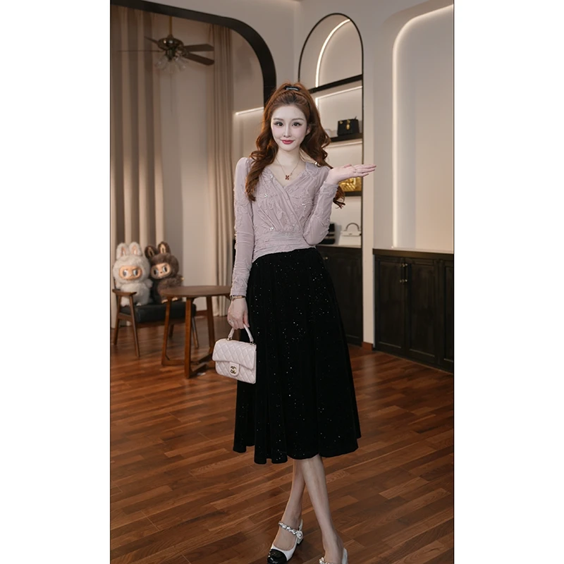 【晚晚定制】设计师新款法式时尚高腰拼接连衣裙45435