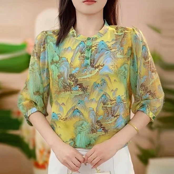 【洒银工艺】夏季七分袖薄款冰丝衬衫大码胖mm遮肚显瘦宽松防晒上衣