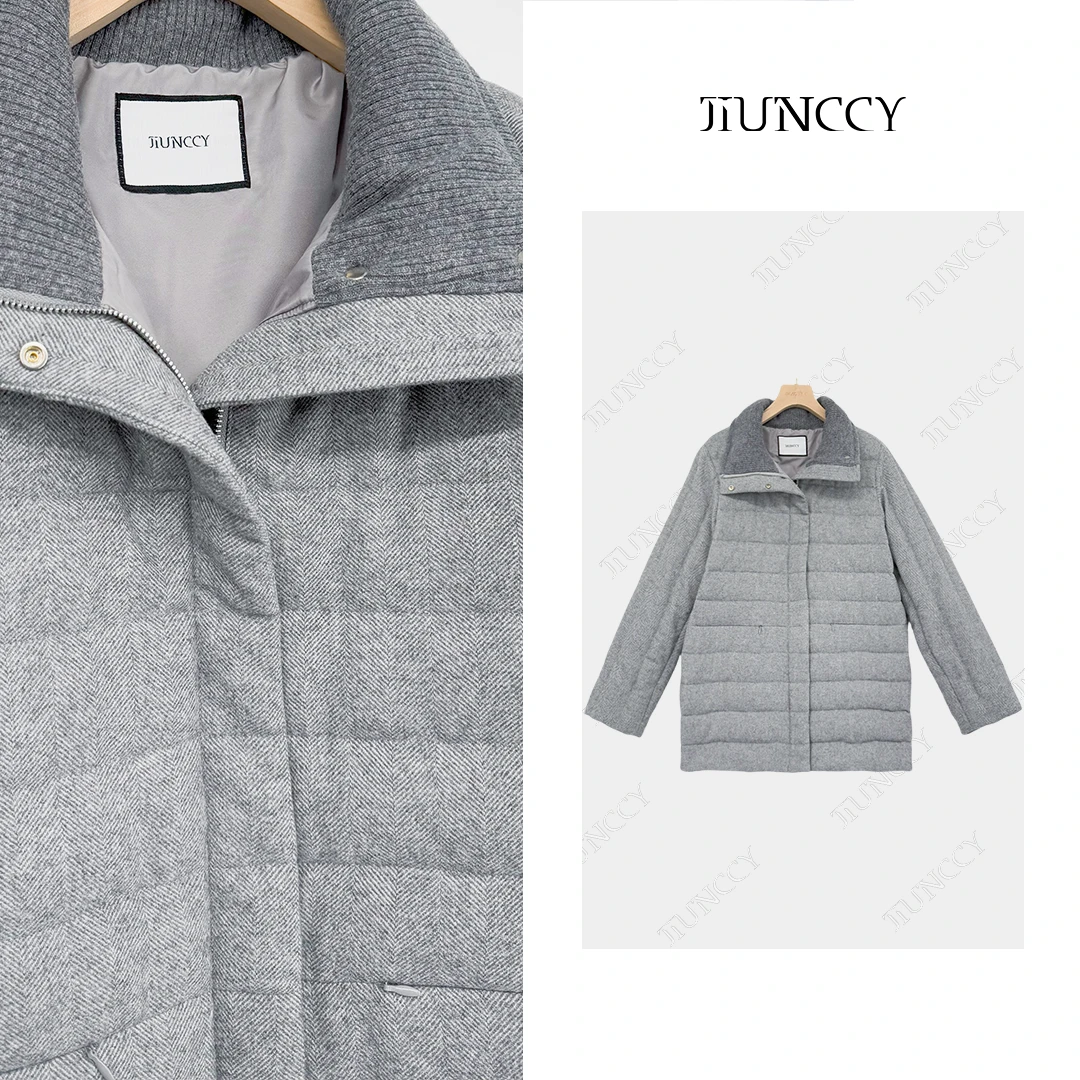 JIUNCCY【冰河】羊毛混纺人字纹拼羊毛领中长款90白鹅绒服 42YRF106