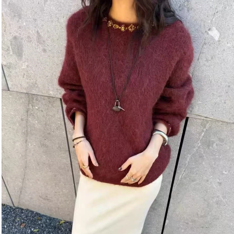 欧货限定钉珠设计感安哥拉红圆领套头毛衣…线下批发超火的一个版