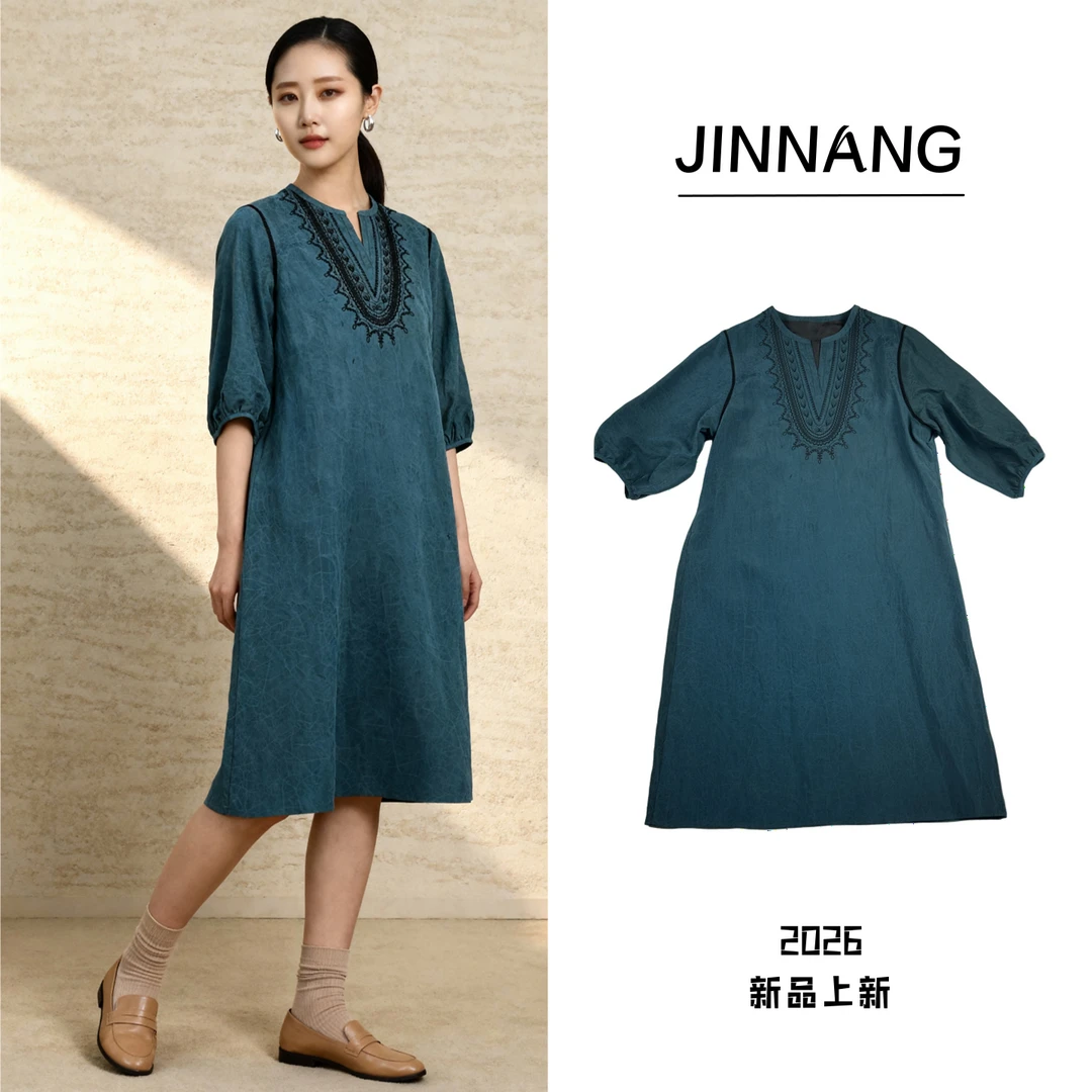 重磅香云纱桑蚕丝连衣裙圆领显瘦宽松时尚绿色中长款