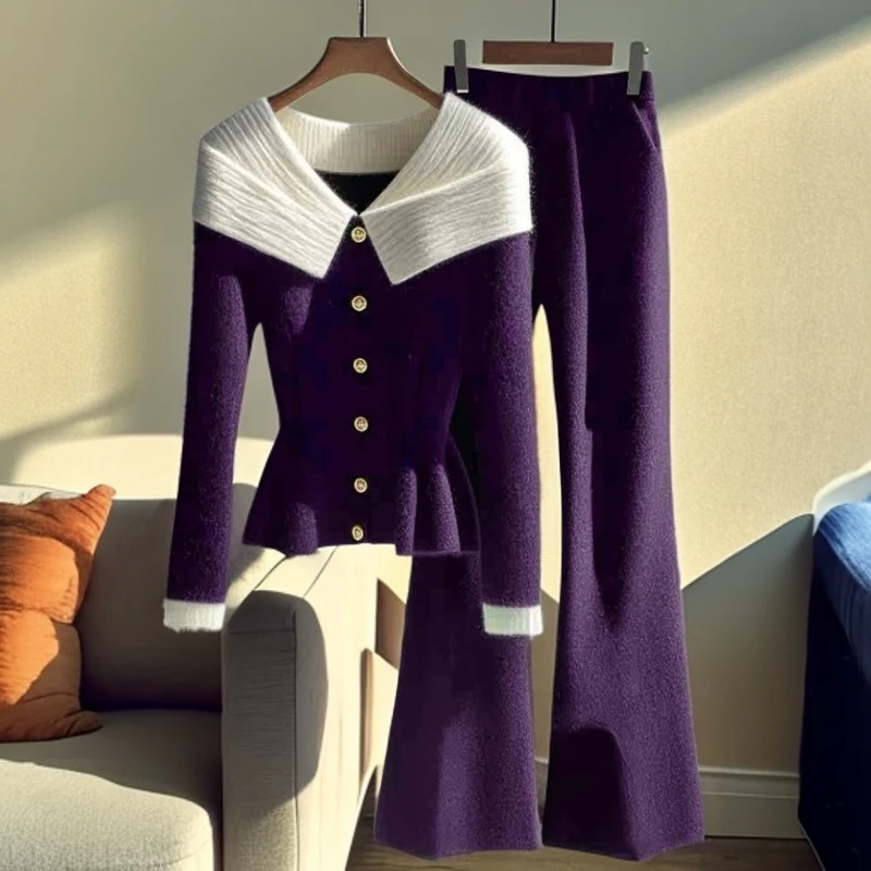 冬季小香风紫色掐腰毛衣外套休闲裤两件套女高级感穿搭一整套搭配