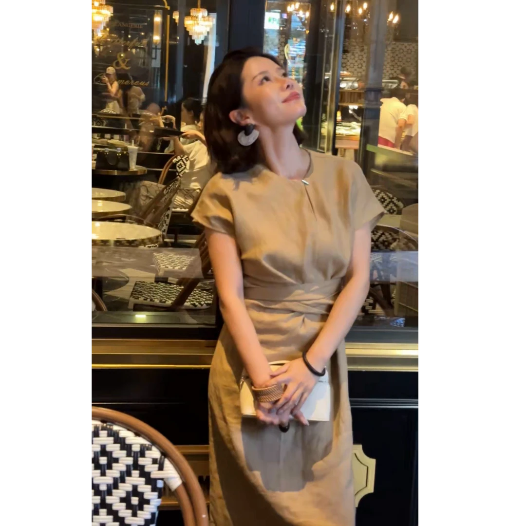 WENDU 2025夏新连衣裙 亚麻设计感 腰间绑带 3190905