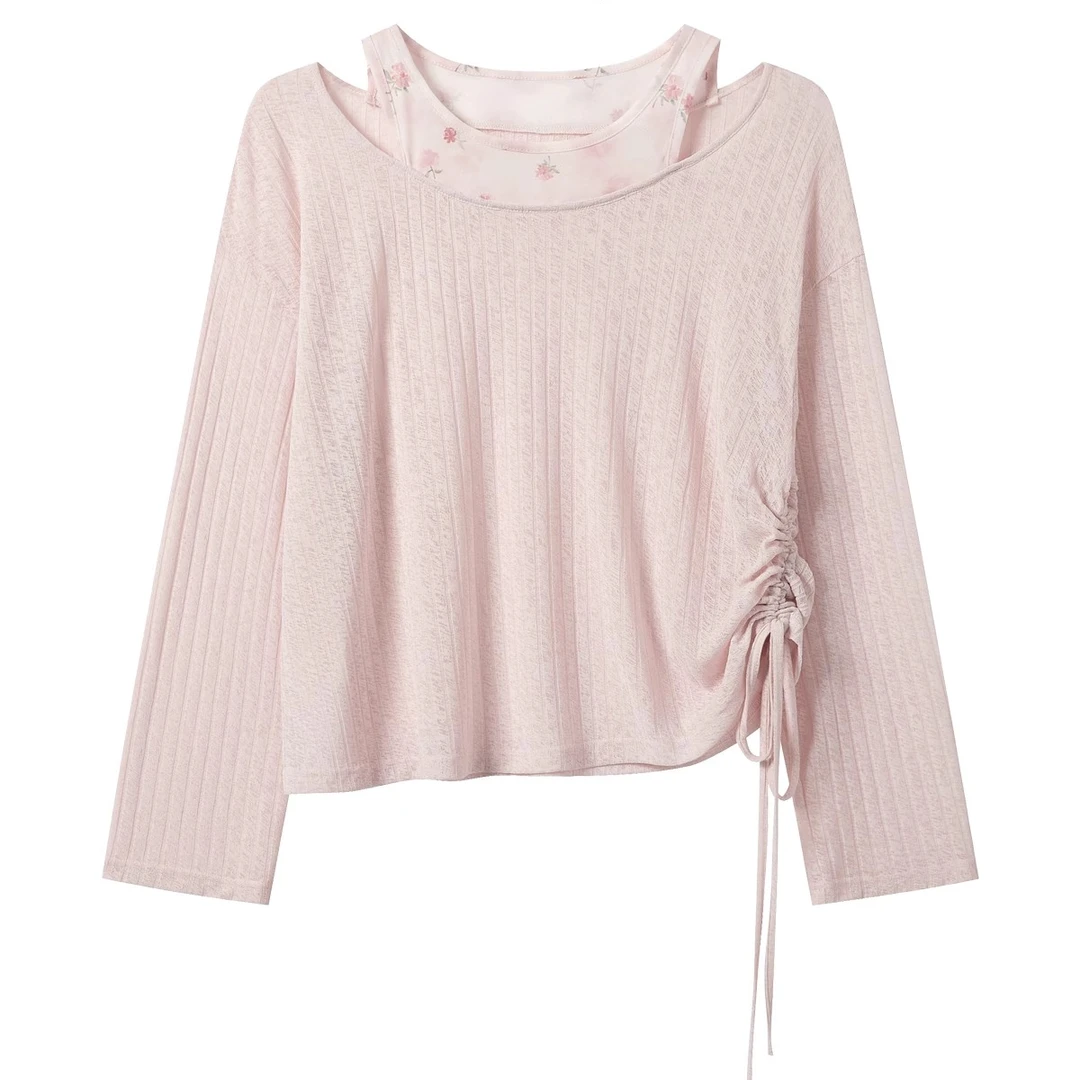 羊城故事-假两件碎花抽褶长袖t恤夏季宽松遮肉百搭上衣Y50449913