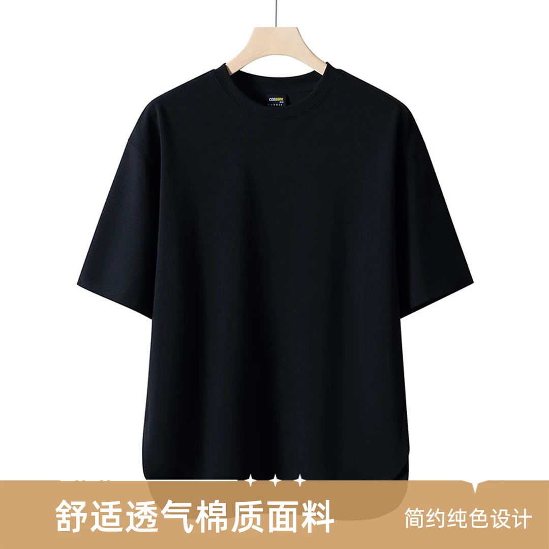 新款夏季男士简约百搭休闲华夫格上衣T恤圆领纯色宽松圆领大码