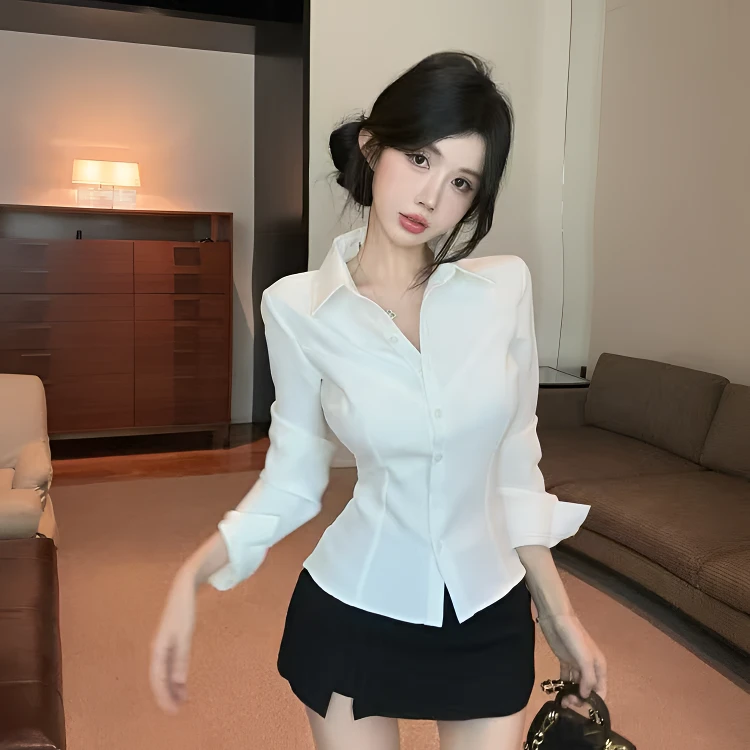 正装jk新款Polo领白色衬衫女纯欲辣妹收腰鱼骨上衣通勤高级感衬衣
