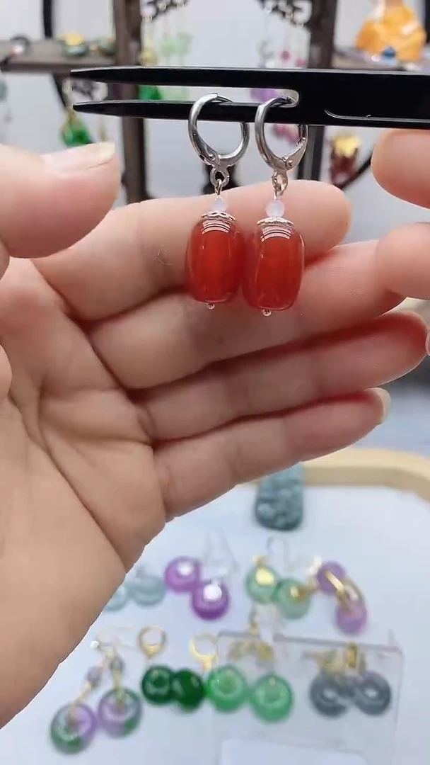 南红玛瑙银S925镶嵌耳饰176