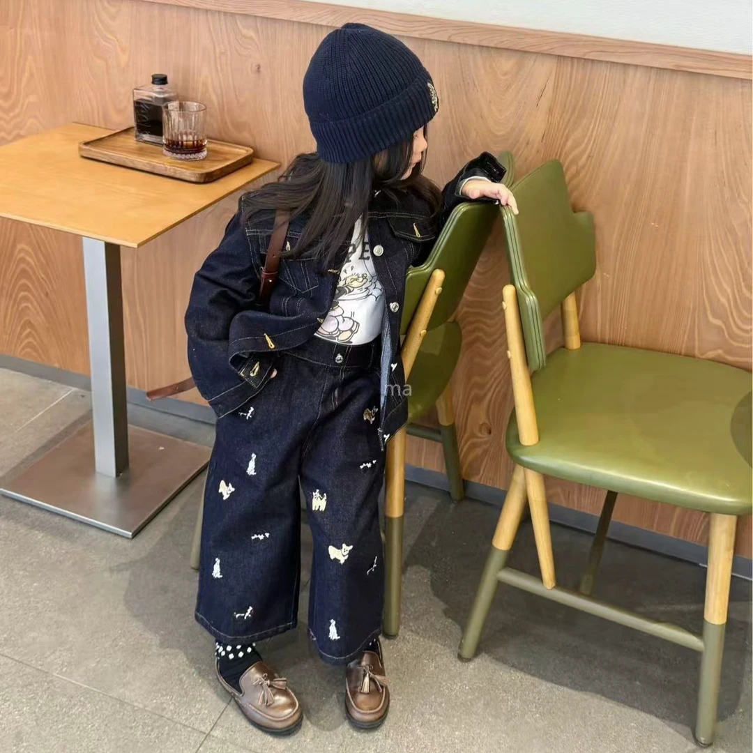 小思家女童2025秋季新款韩版洋气潮范牛仔外套印花T恤牛仔裤套装
