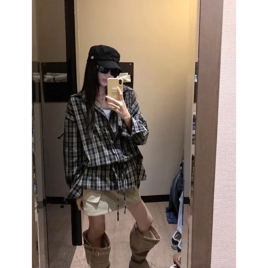 POLO领复古设计感撞色格子系带长袖衬衫+美式工装牛仔短裙C 9275#