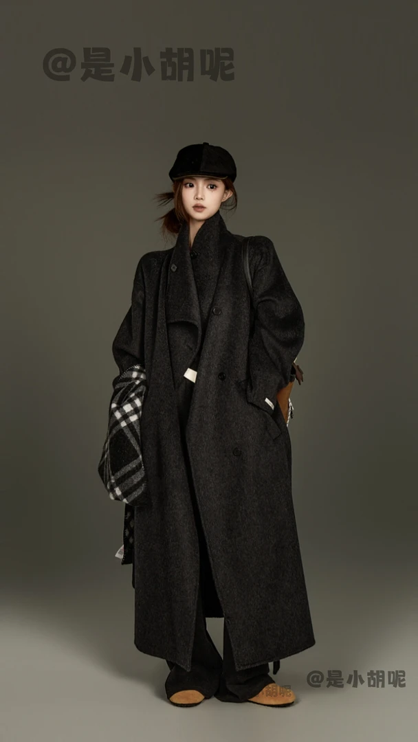 女士手工绵羊毛双面呢大衣长款大翻领宽松XH-W701