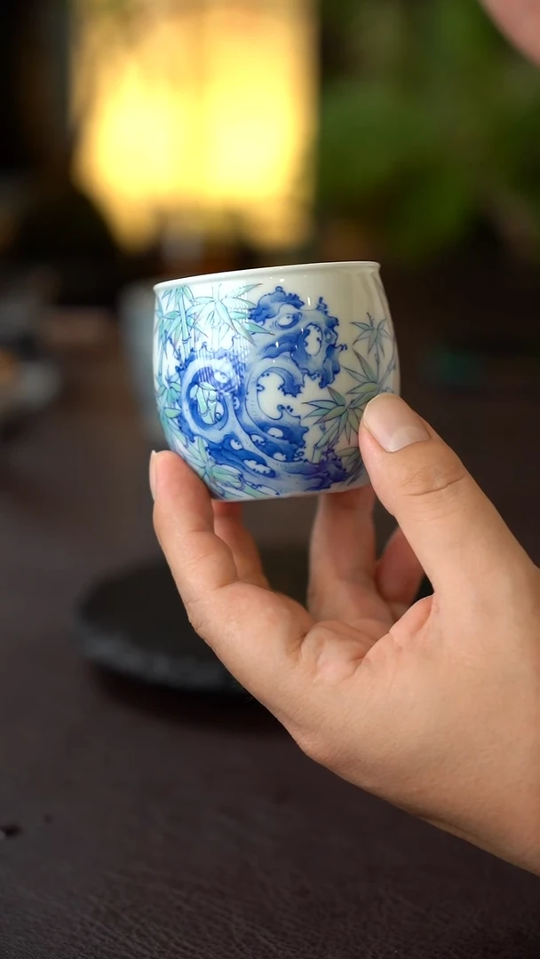 景德镇全手工手绘斗彩竹石缸杯