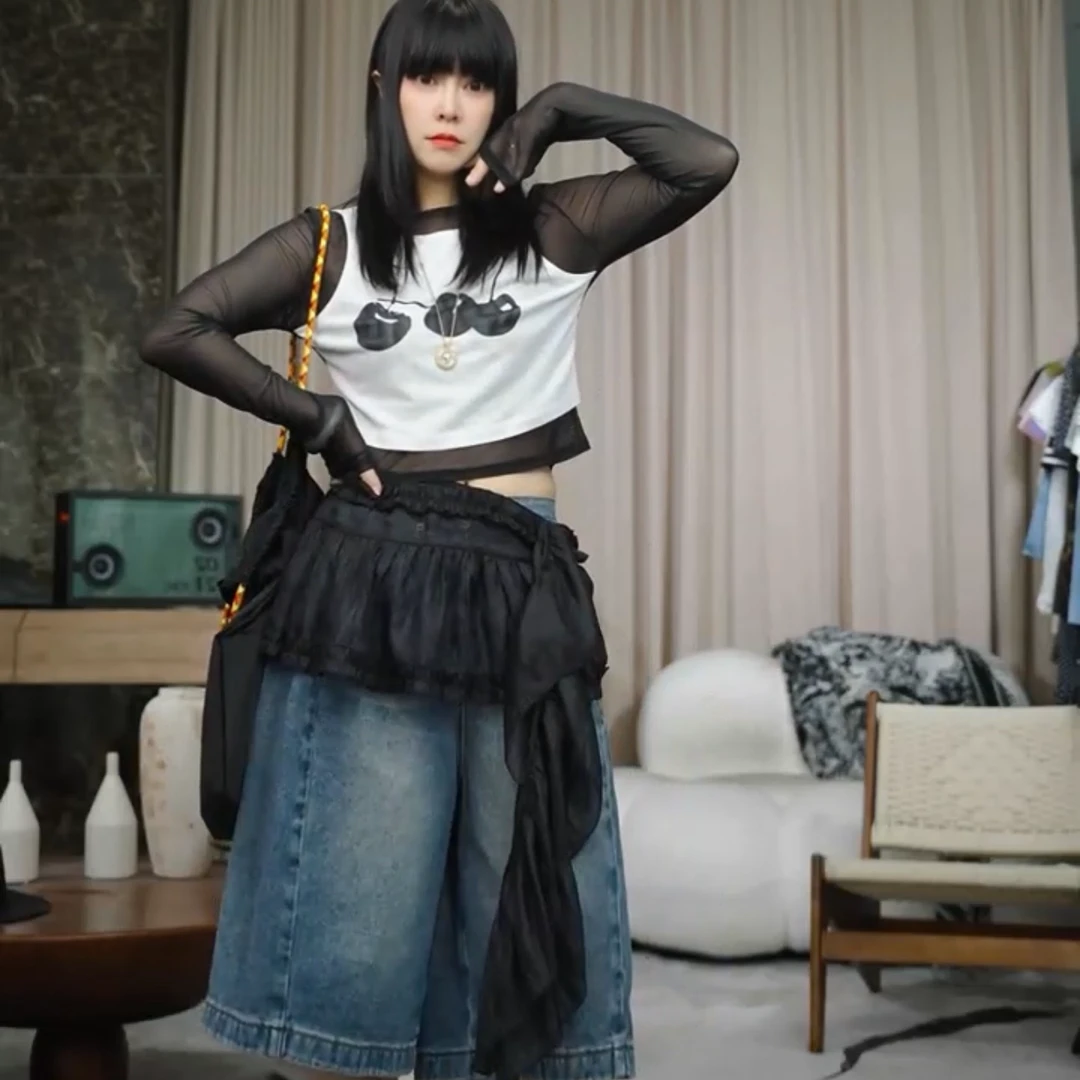 infobyfive2025夏季新款假两件樱桃长袖圆领网纱打底T恤NF0503111