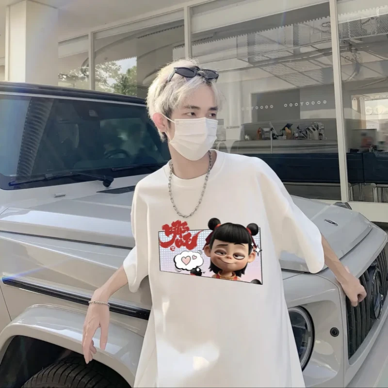 2025爆款新款国潮卡通哪吒印花纯棉短袖t恤男女同款宽松半袖上衣