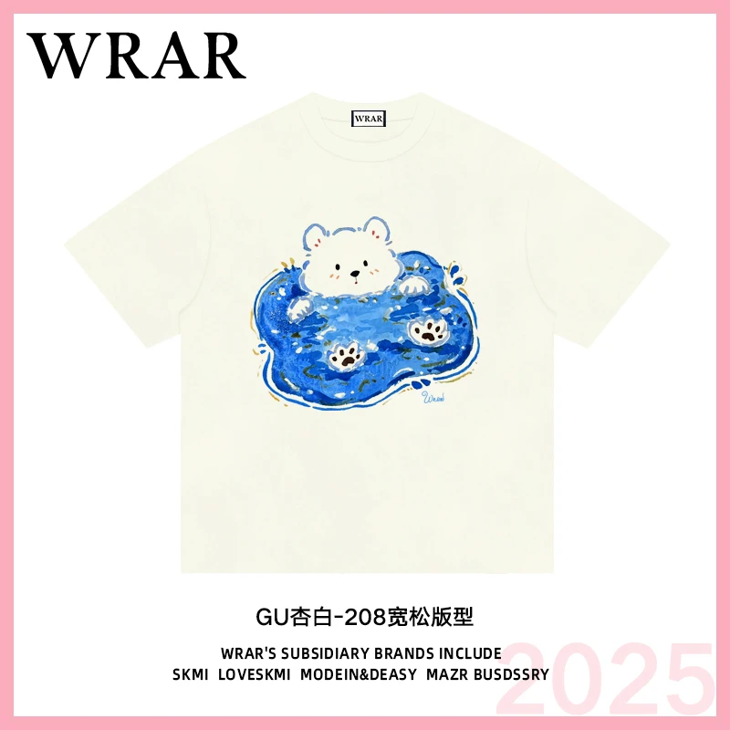 【泡澡的熊】新品潮流圆领夏季透宽松百搭纯棉卡通插画印花T恤