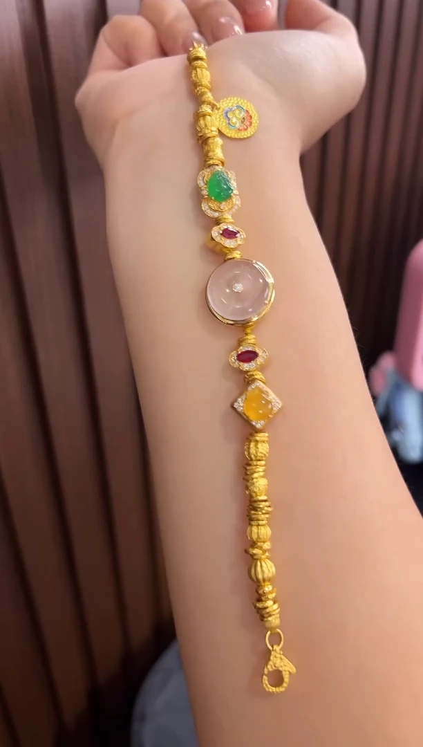 18K金镶嵌手链翡翠玻璃种白冰平安扣设计款盘缠手链