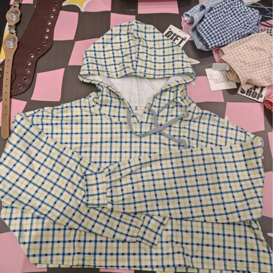 【奥体自播】瑜伽运动绿格长袖连帽短卫衣