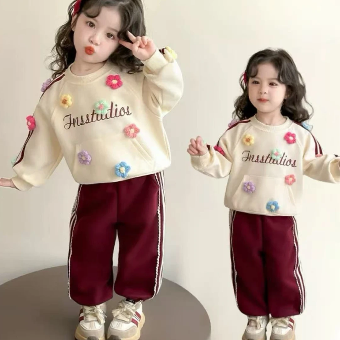 A-Y162女宝春秋新款彩色花朵休闲套装