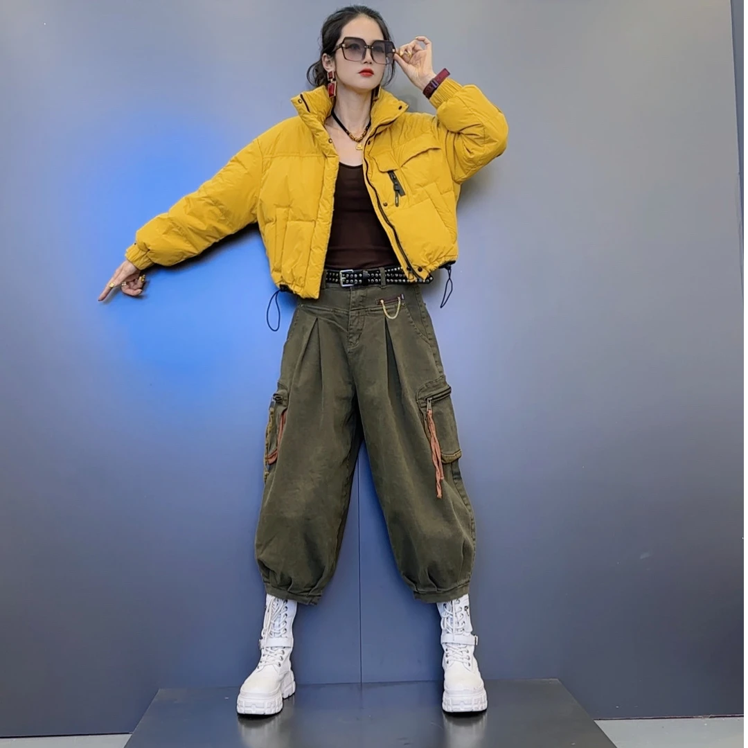 YQ-68冬款立领纯色拉链羽绒服-厚款拉链装饰三色牛仔灯笼裤
