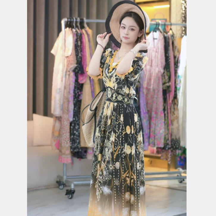 【乖瑶-潮庭】气质夏季超显瘦气质时尚桑蚕丝连衣裙 1168