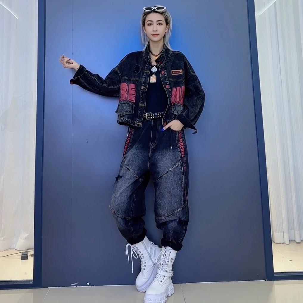 时尚春秋百搭复古个性潮流外套-拼接显瘦水洗牛仔重工破洞哈伦裤