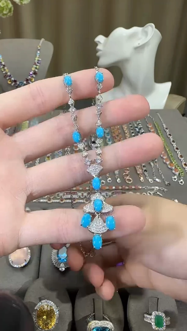 银S925镶嵌绿松石珠宝奇石5*7mm套链高级款