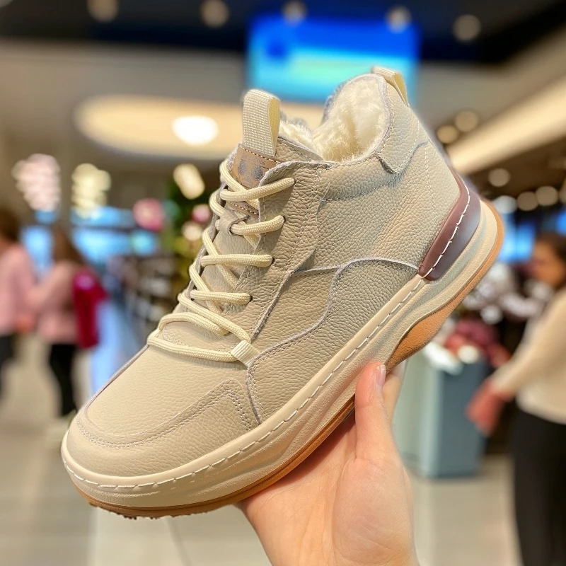 冬季新款高帮棉鞋头层牛皮羊羔毛加绒加厚防滑耐磨软底软面舒适