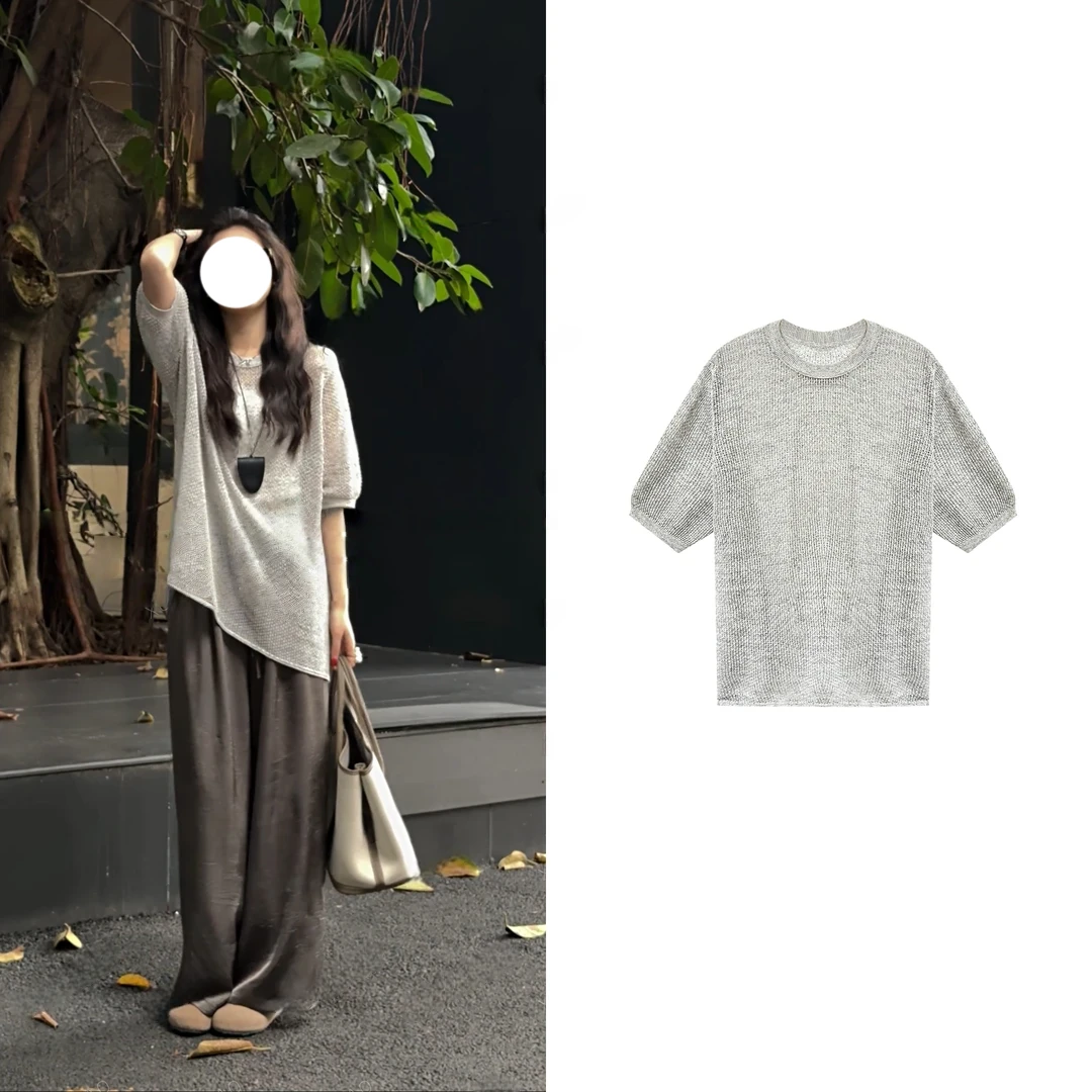 【米麻薯】夏季镂空设计显瘦舒适麻灰色休闲上衣裤子套装