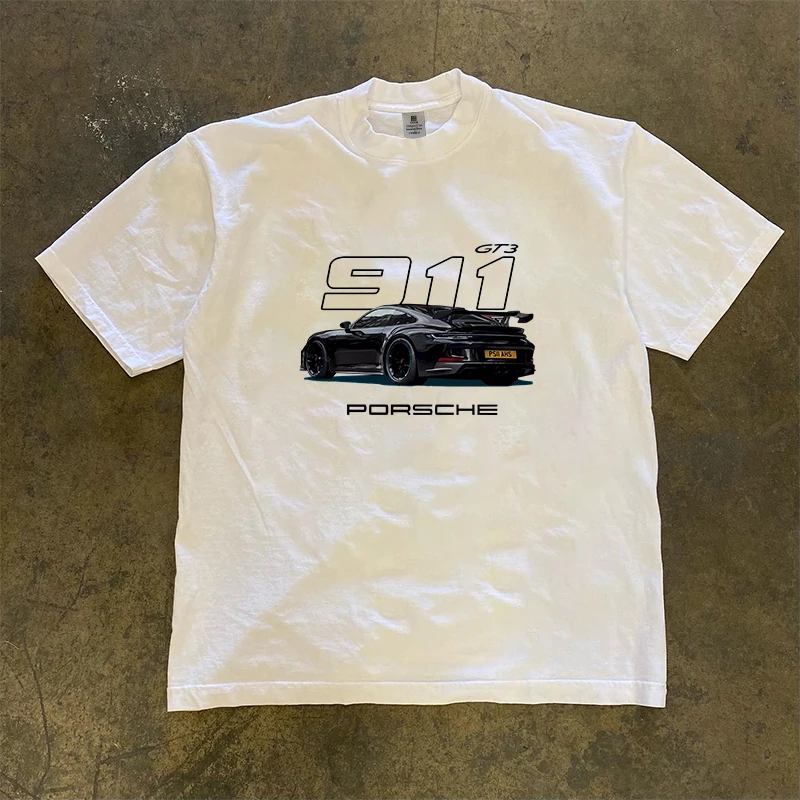 爆款重磅不透911汽车印花T恤男痞帅圆领短袖T恤男款男装宽松上衣