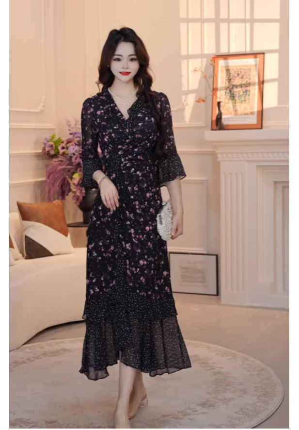 【京华烟云】25温柔撞色名媛风优雅气质收腰高端桑蚕丝连衣裙