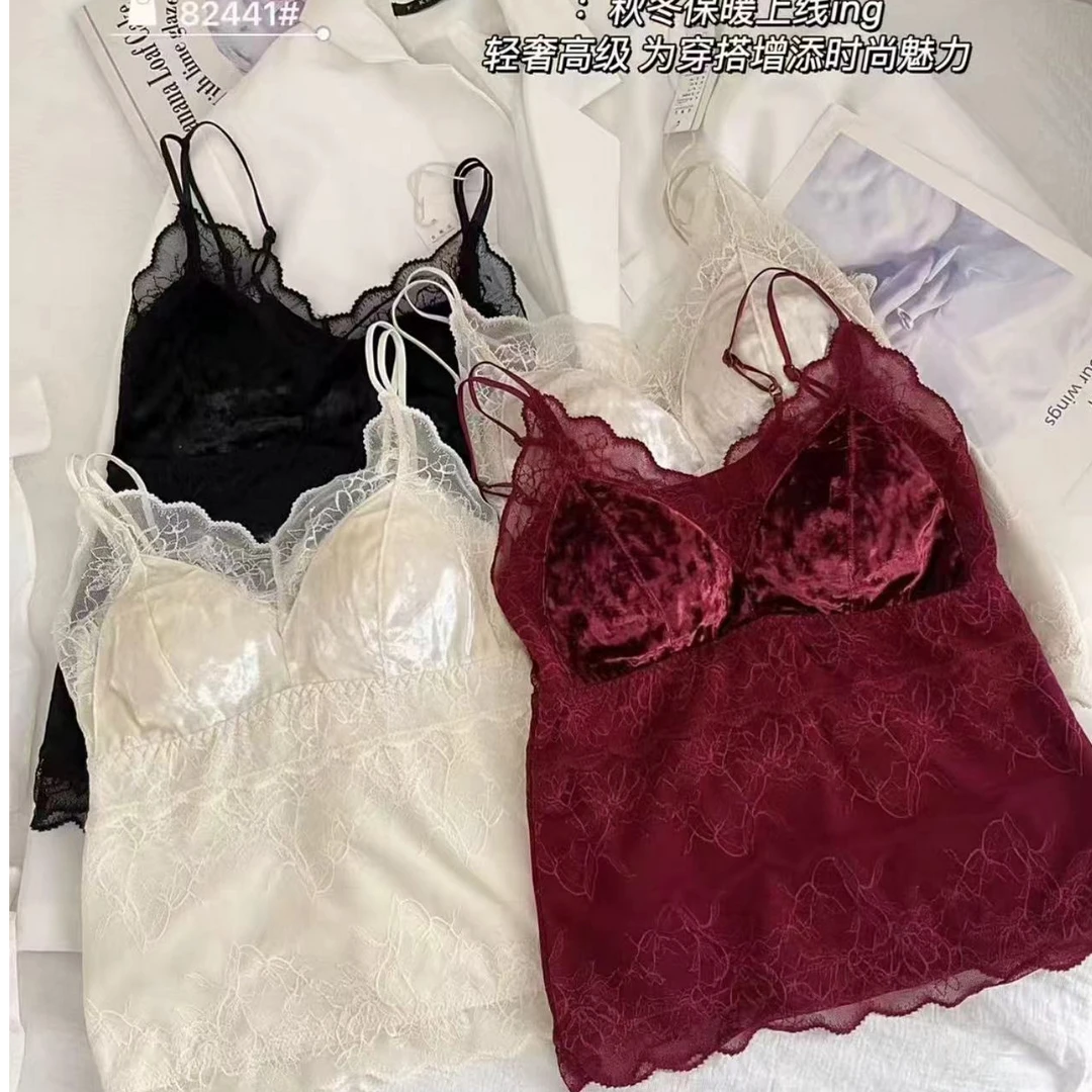82441*轻奢蕾丝拼接金丝绒保暖打底吊带背心