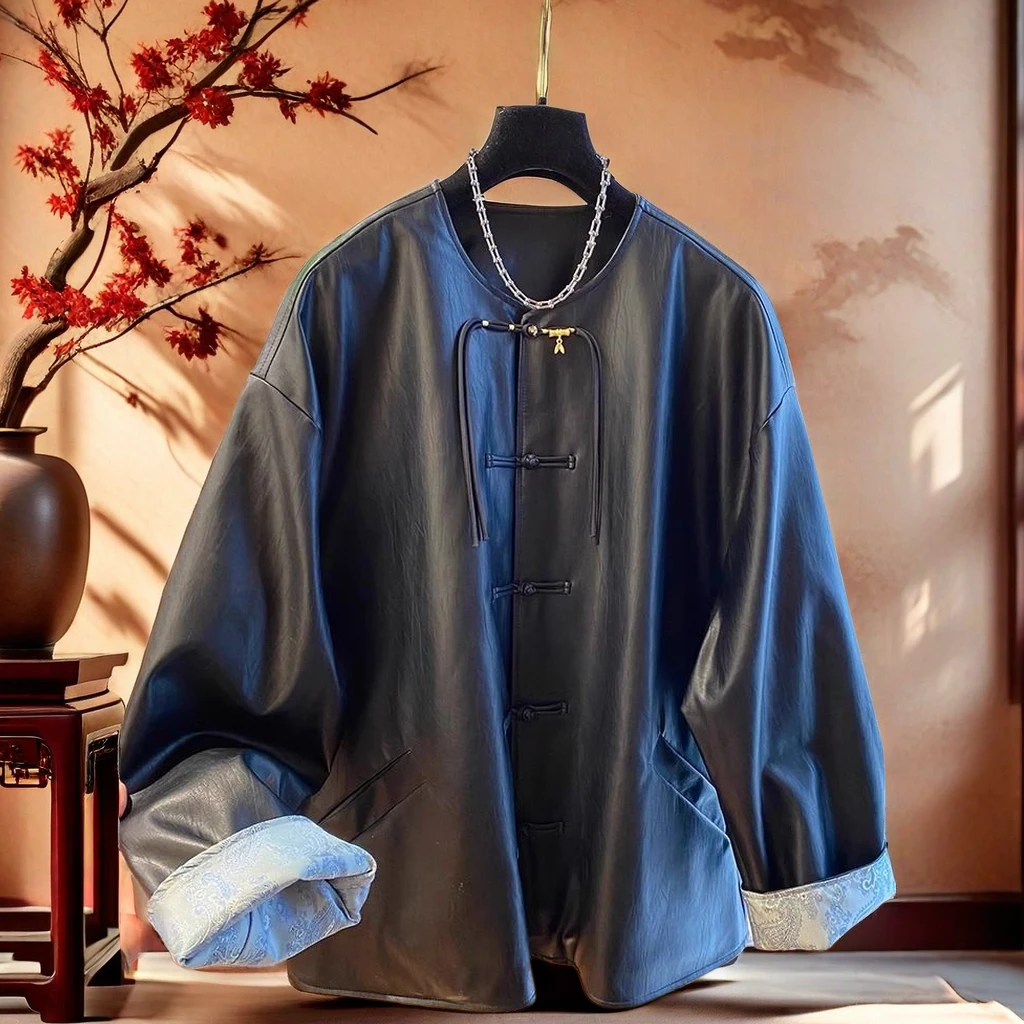 新中式国风pu黑色皮衣外套女春秋季2024新款设计感宽松盘扣皮夹克