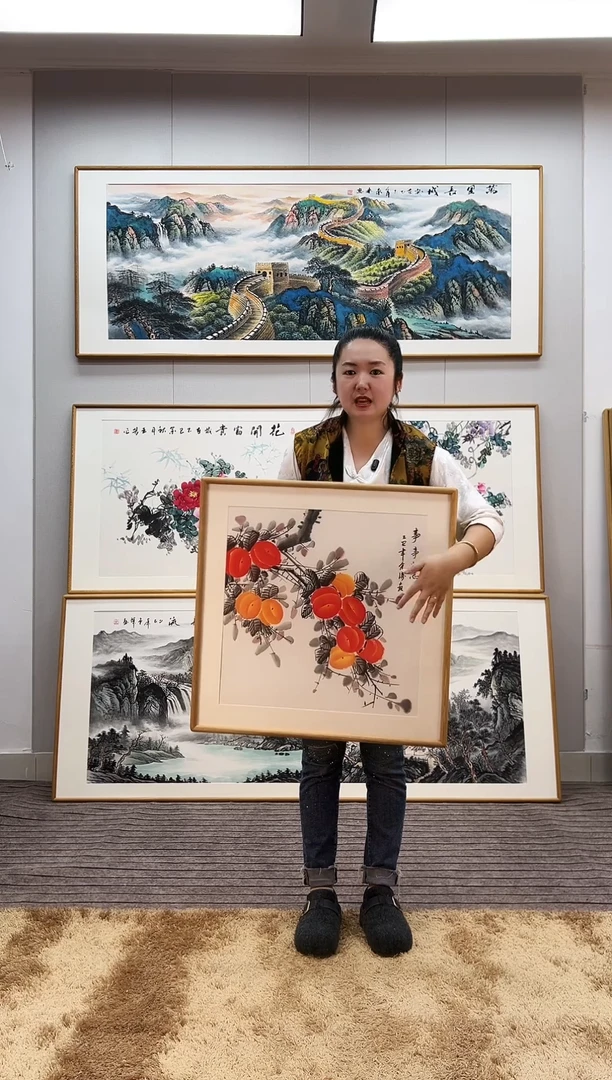 国画手绘柿子62*62尺寸