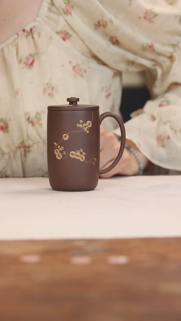 茶杯紫砂紫泥桂花铜钱盖杯