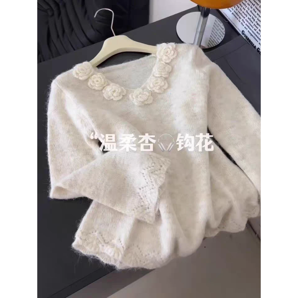 好看哭了！一眼迷上！欧货高级感钩花针织衫女毛衣秋季软糯慵懒上衣
