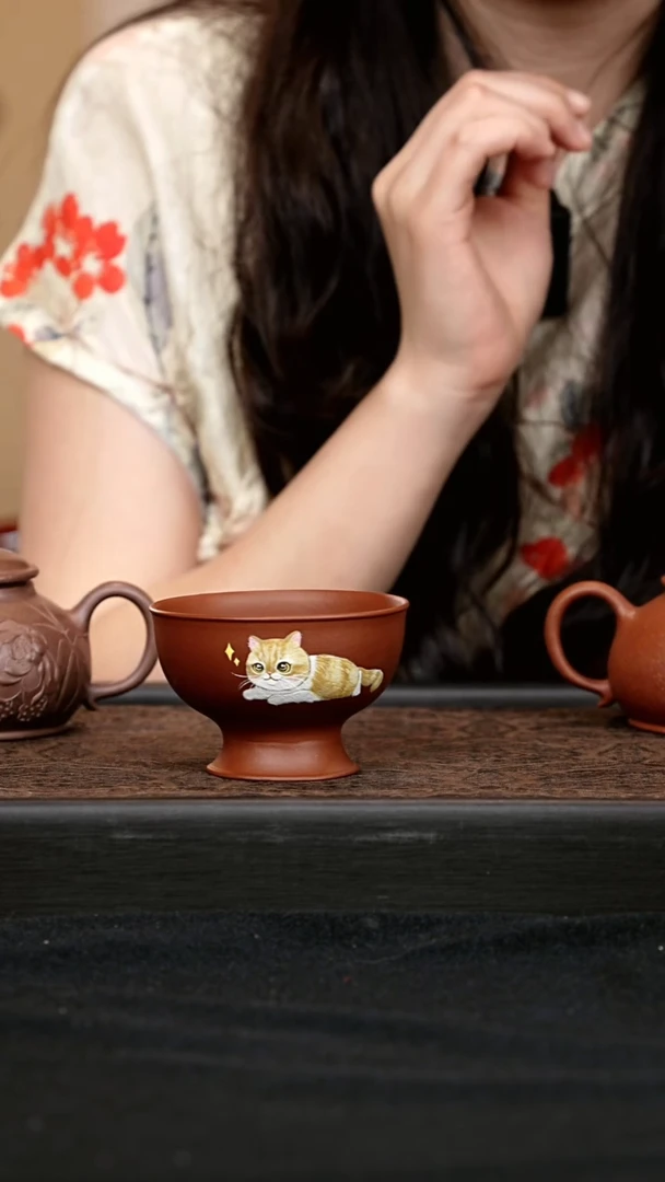 茶壶紫砂全手绘猫猫杯 一物见春
